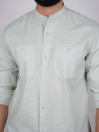 Pista Green Linen Mandarin Collar Shirt
