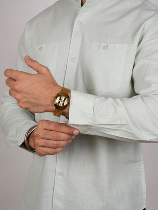 Pista Green Linen Mandarin Collar Shirt