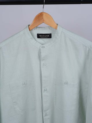 Pista Green Linen Mandarin Collar Shirt