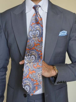 Vinatge Blue Orange Paisley Broad Tie Set