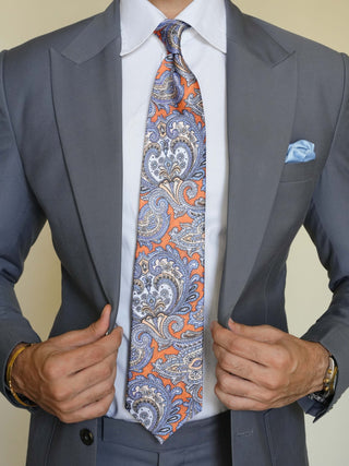 Vinatge Blue Orange Paisley Broad Tie Set