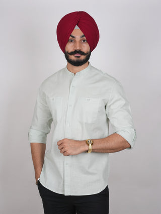 Pista Green Linen Mandarin Collar Shirt