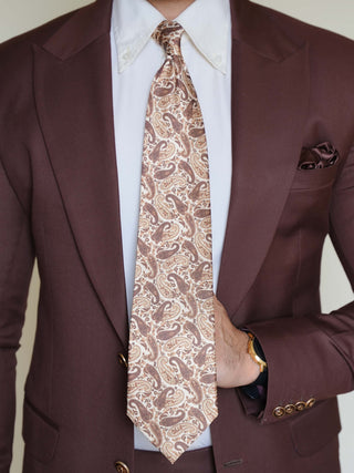 Cream Brown Paisley Art Silk Tie & Pocket Square