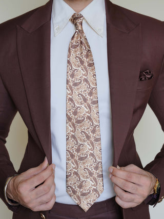 Cream Brown Paisley Art Silk Tie & Pocket Square