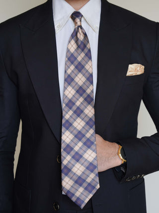Cream Navy Plaid Art Silk Tie & Pocket Square