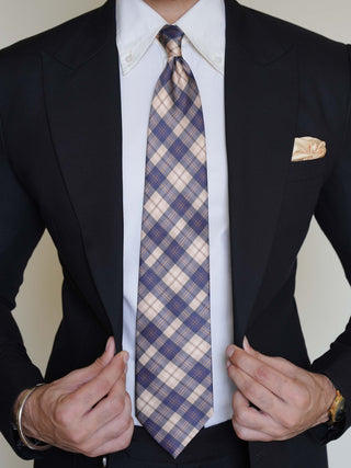 Cream Navy Plaid Art Silk Tie & Pocket Square
