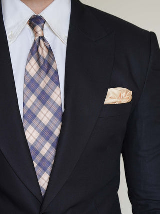Cream Navy Plaid Art Silk Tie & Pocket Square