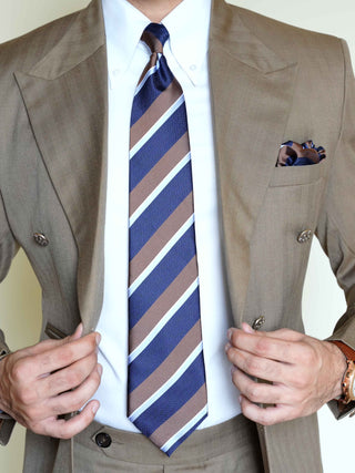 Navy Brown Stripe Art Silk Tie & Pocket Square