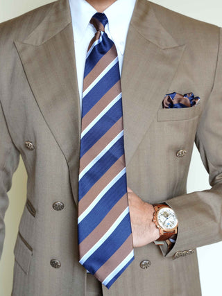 Navy Brown Stripe Art Silk Tie & Pocket Square