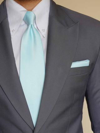 Aqua Blue Satin Tie & Pocket Square