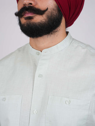 Pista Green Linen Mandarin Collar Shirt