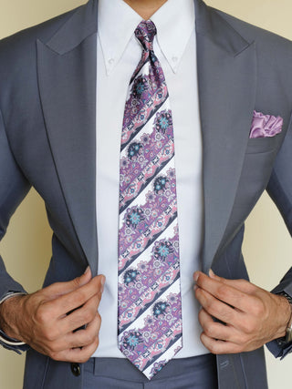 Purple White Floral Stripe Art Silk Tie & Pocket Square