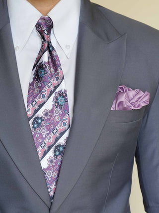 Purple White Floral Stripe Art Silk Tie & Pocket Square