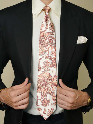 White Brown Paisley Broad Tie Set