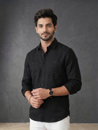 Black Linen Double Pocket Shirt