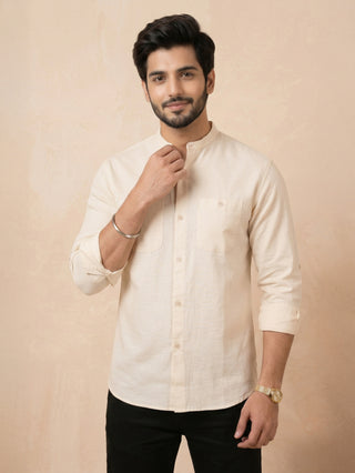 Vanilla Linen Mandarin Collar Shirt