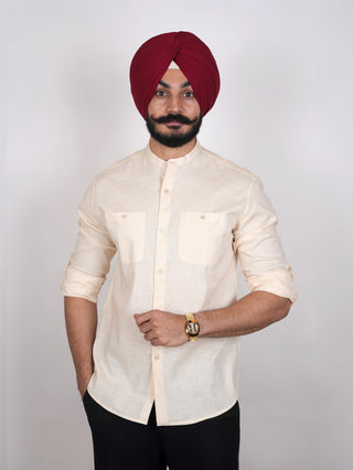 Vanilla Linen Mandarin Collar Shirt