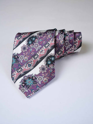 Purple White Floral Stripe Art Silk Tie & Pocket Square