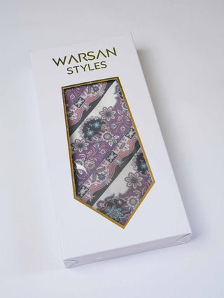 Purple White Floral Stripe Art Silk Tie & Pocket Square