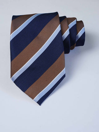 Navy Brown Stripe Art Silk Tie & Pocket Square