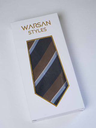Navy Brown Stripe Art Silk Tie & Pocket Square